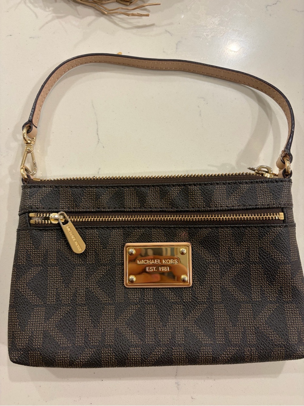 Michael Kors Brown Signature MK Logo Wristlet with Gold Hardware